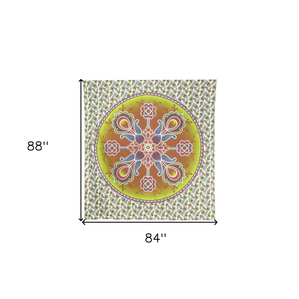 88" X 84" Green White And Yellow Floral Cotton Hanging Tapestry — view 6