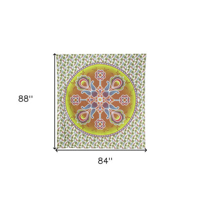 88" X 84" Green White And Yellow Floral Cotton Hanging Tapestry