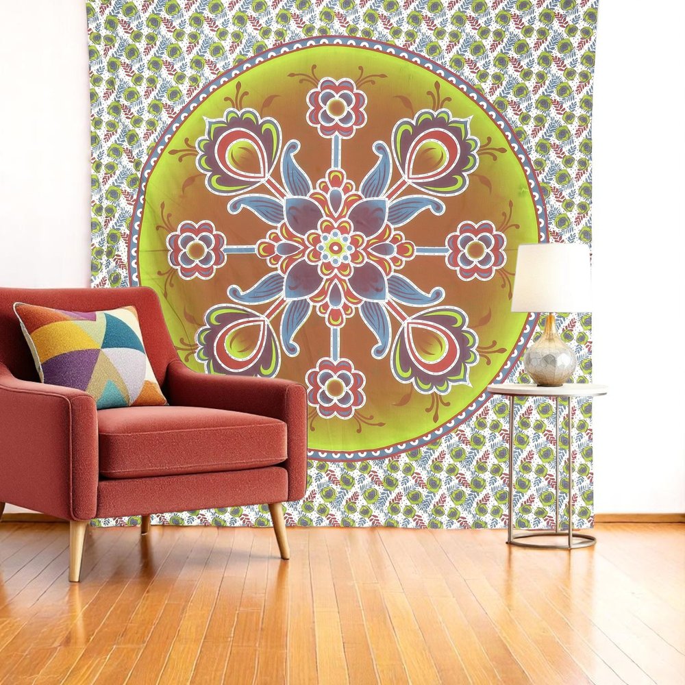 88" X 84" Green White And Yellow Floral Cotton Hanging Tapestry — view 1