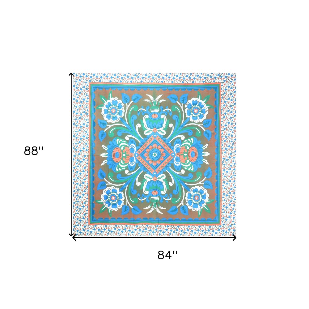88" X 84" Brown Blue And White Floral Cotton Hanging Tapestry — view 6