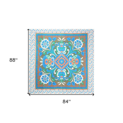 88" X 84" Brown Blue And White Floral Cotton Hanging Tapestry
