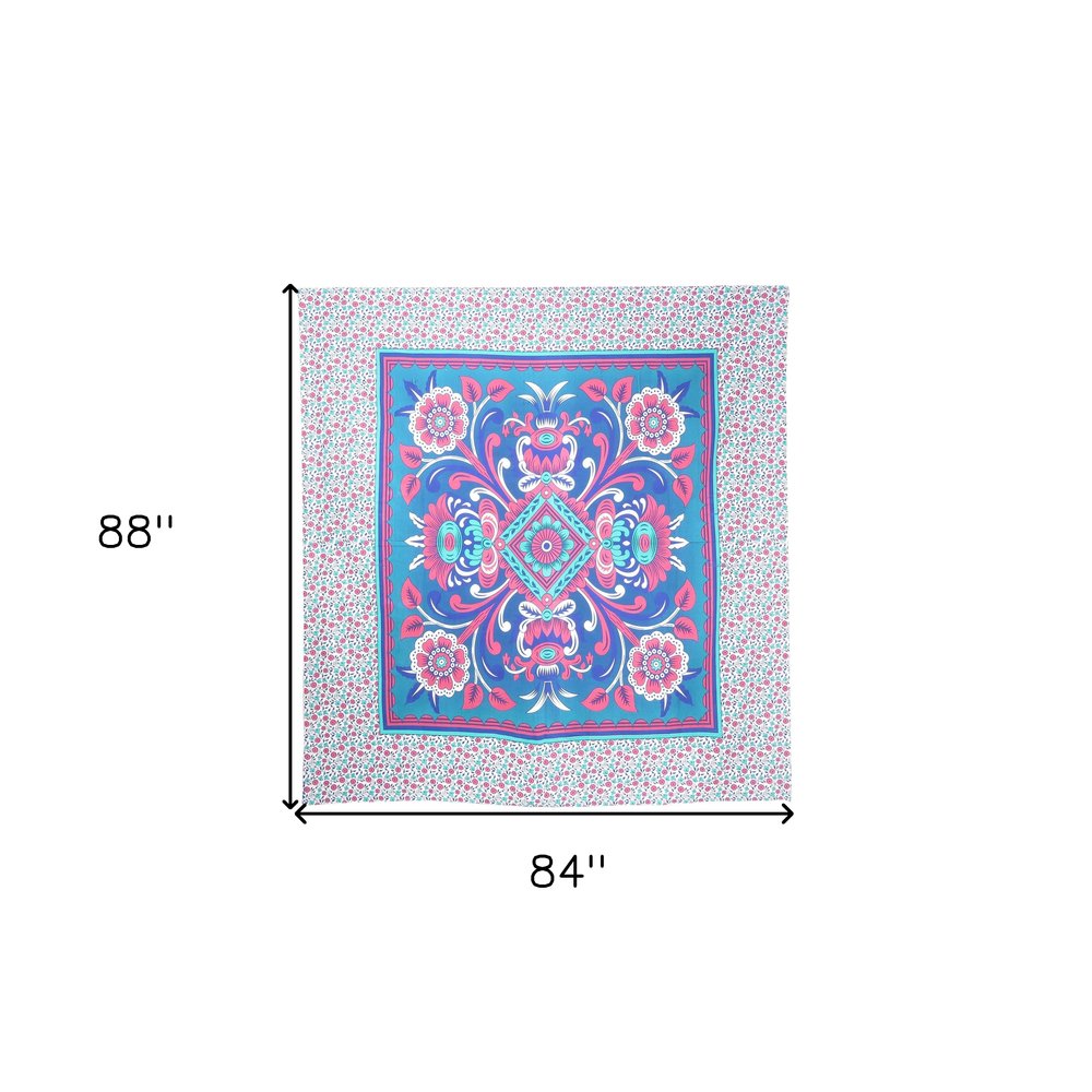 88" X 84" Blue Red And White Floral Cotton Hanging Tapestry — view 6