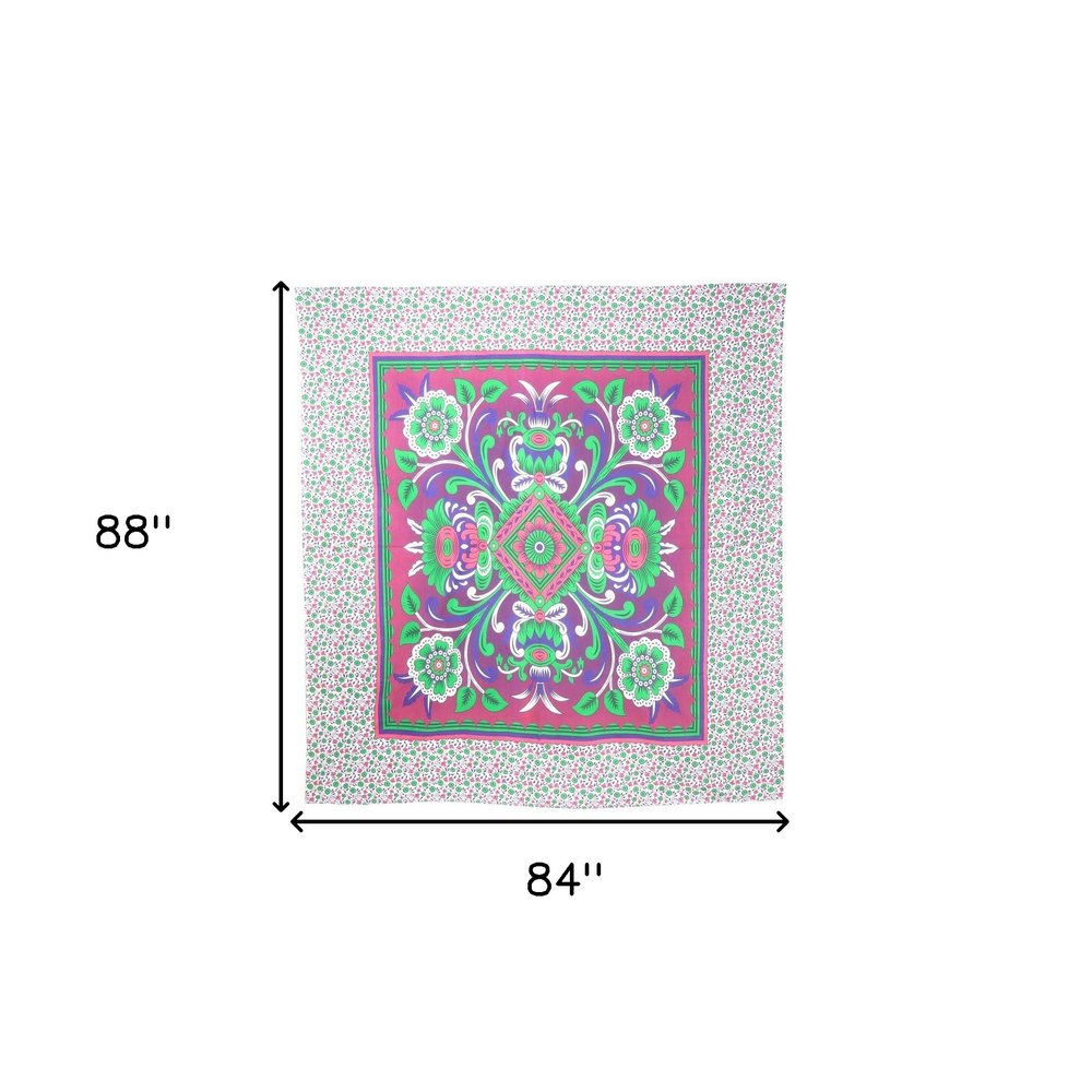 88" X 84" Pink Green And White Floral Cotton Hanging Tapestry — view 6