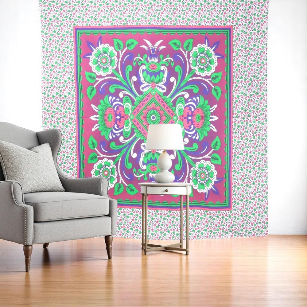 88" X 84" Pink Green And White Floral Cotton Hanging Tapestry — view 1
