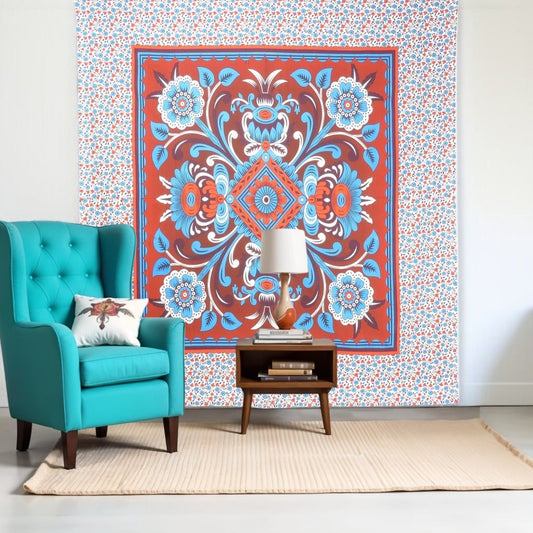88" X 84" Red Blue And White Floral Cotton Hanging Tapestry