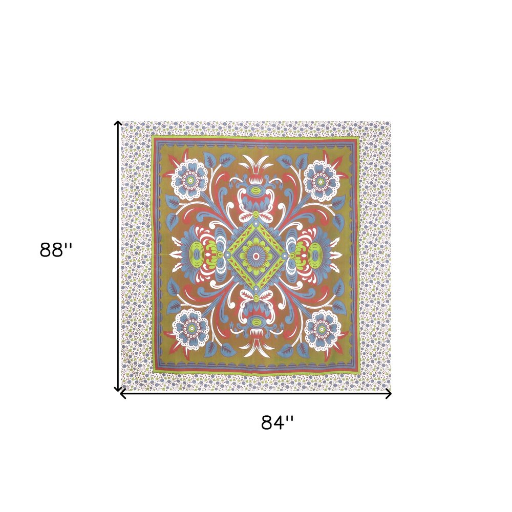 88" X 84" Green Red And White Floral Cotton Hanging Tapestry — view 6