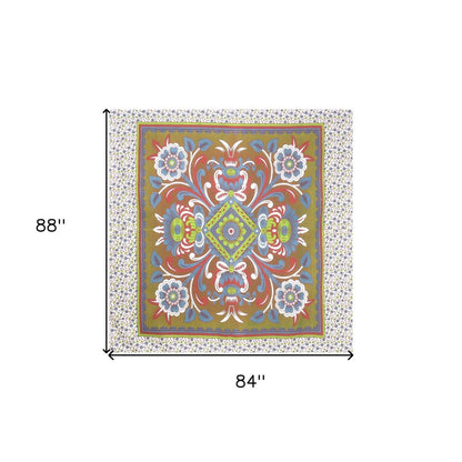 88" X 84" Green Red And White Floral Cotton Hanging Tapestry