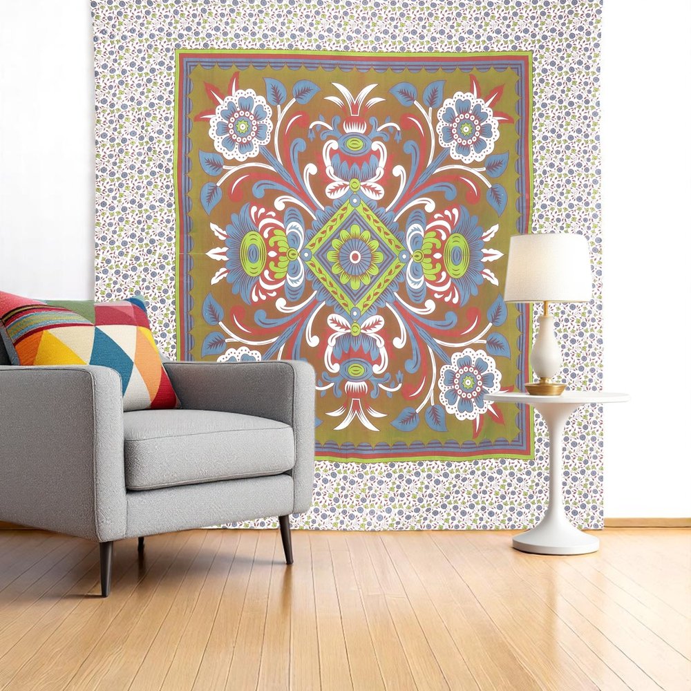 88" X 84" Green Red And White Floral Cotton Hanging Tapestry — view 1