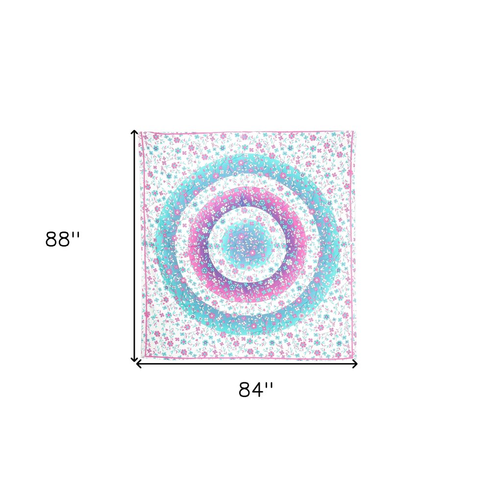 88" X 84" Pink Blue And White Floral Cotton Hanging Tapestry — view 6
