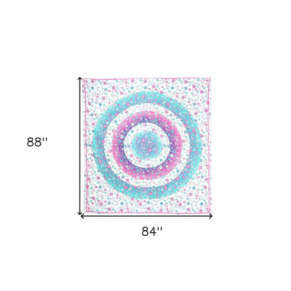 88" X 84" Pink Blue And White Floral Cotton Hanging Tapestry