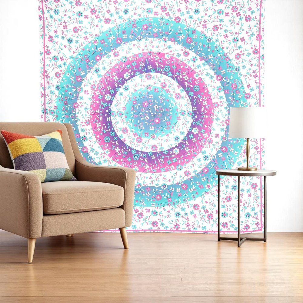 88" X 84" Pink Blue And White Floral Cotton Hanging Tapestry — view 1