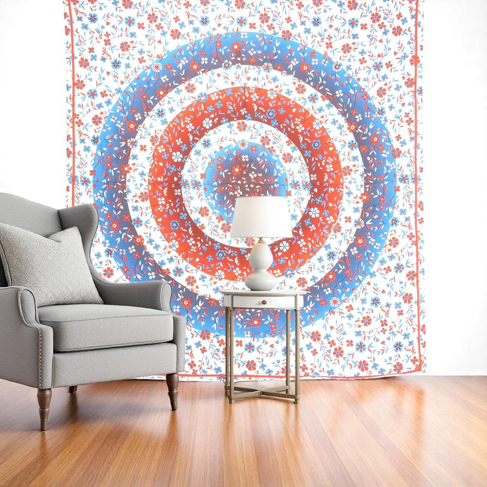 88" X 84" White Blue And Red Floral Cotton Hanging Tapestry — view 1