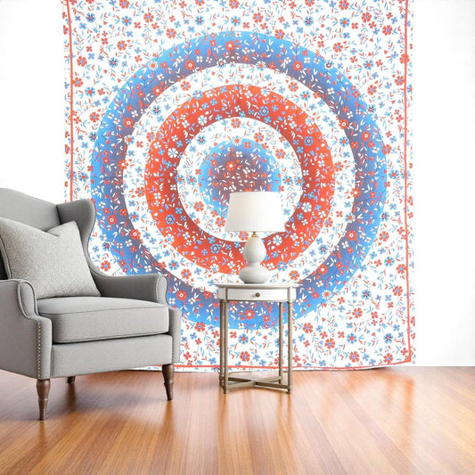 88" X 84" White Blue And Red Floral Cotton Hanging Tapestry