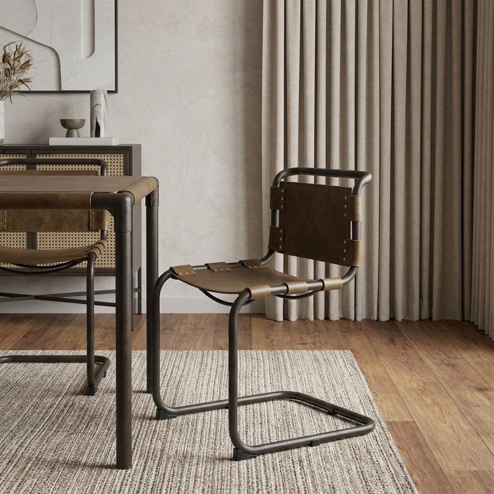 Brown And Black Leather Metal Open Back Dining Side Chair HomeRoots