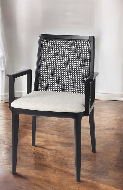 Cream And Black Upholstered Fabric Dining Arm Chair