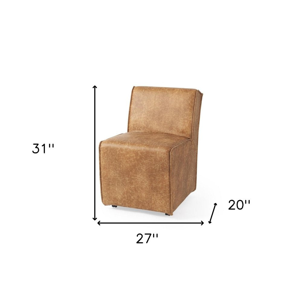 Set of Two Brown Upholstered Faux Leather Dining Side Chairs With Wheels HomeRoots