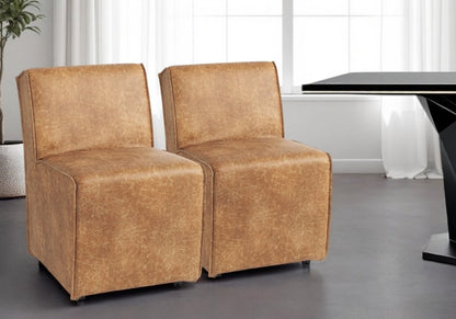 Set of Two Brown Upholstered Faux Leather Dining Side Chairs With Wheels HomeRoots