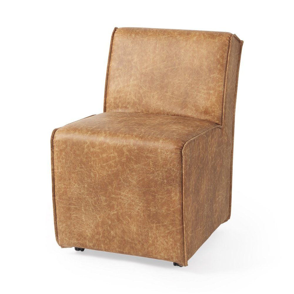 Set of Two Brown Upholstered Faux Leather Dining Side Chairs With Wheels HomeRoots