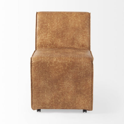 Set of Two Brown Upholstered Faux Leather Dining Side Chairs With Wheels HomeRoots