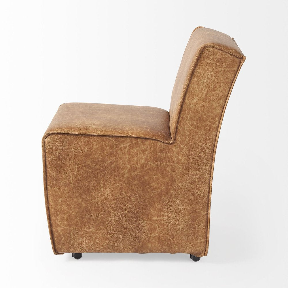 Set of Two Brown Upholstered Faux Leather Dining Side Chairs With Wheels HomeRoots