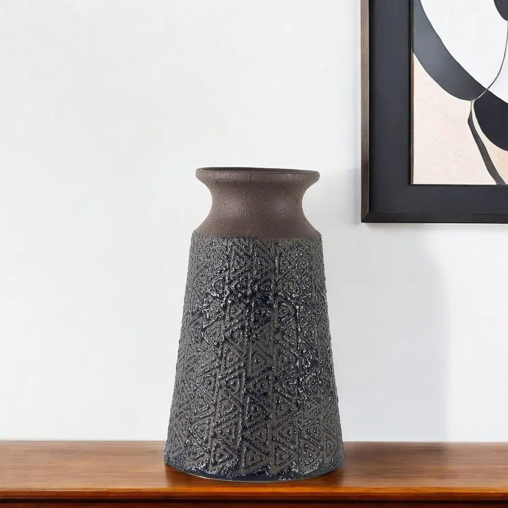 11" Brown and Blue Tribal Ceramic Vase HomeRoots