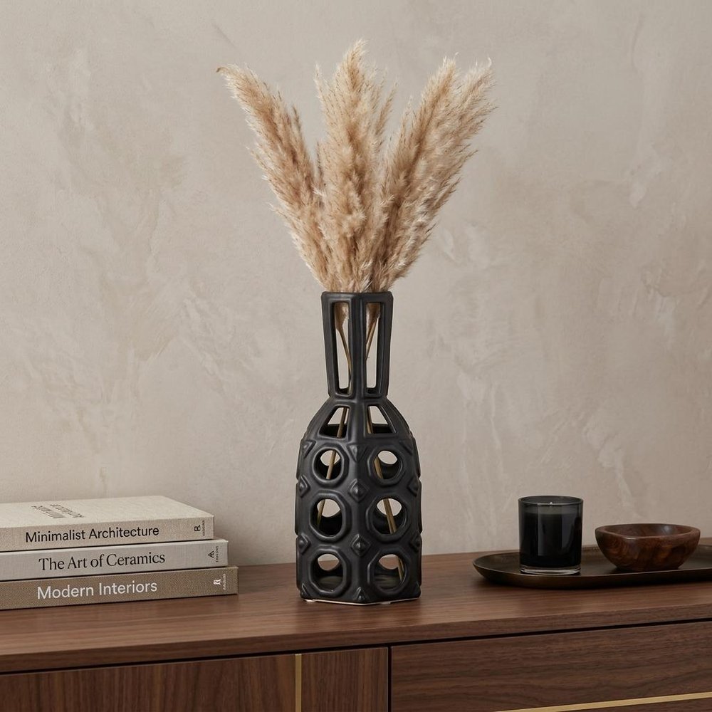 9" Black Abstract Cylinder Metal Table Vase HomeRoots