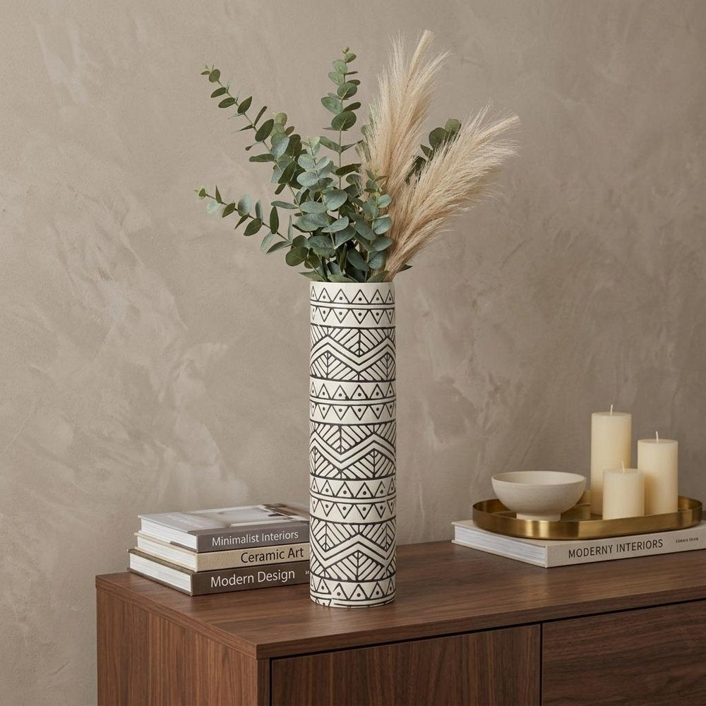 14" Cream Geometric Cylinder Ceramic Table Vase HomeRoots