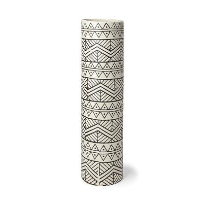 17" Cream and Charcoal Geometric Cylinder Ceramic Vase HomeRoots