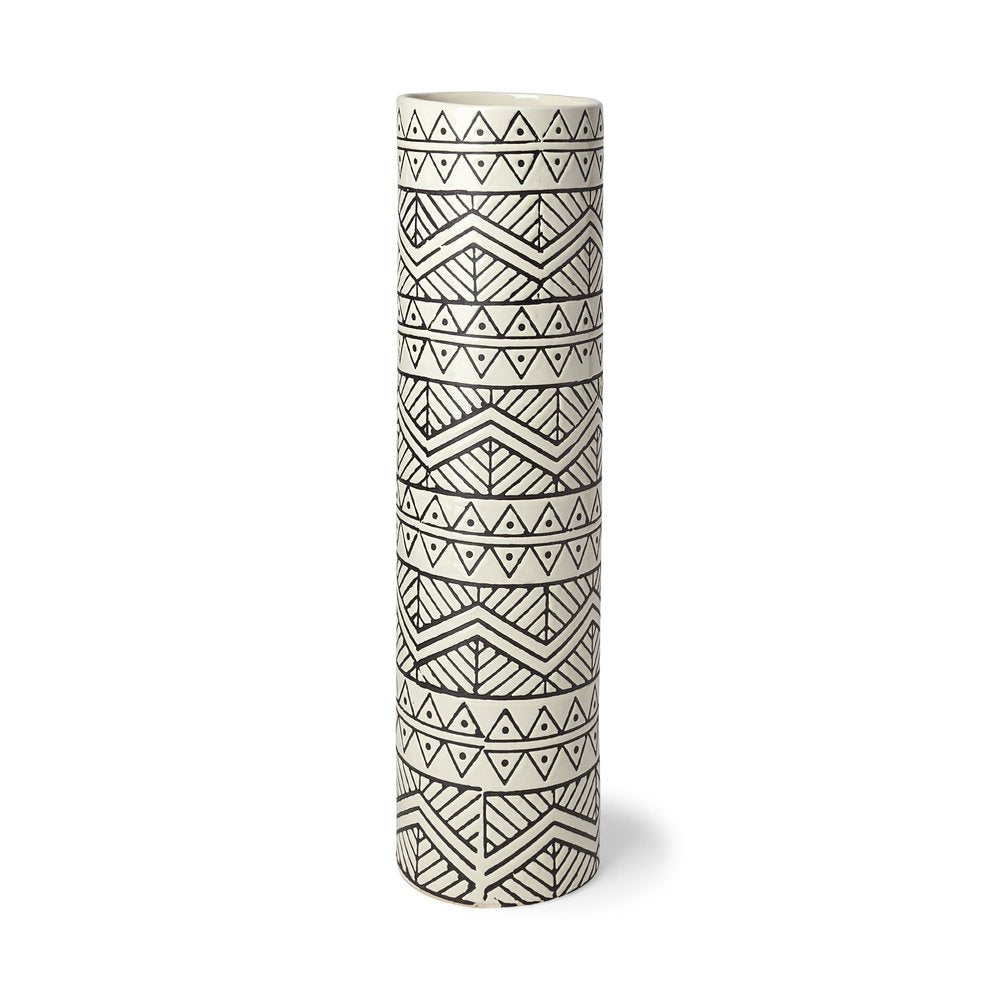 17" Cream and Charcoal Geometric Cylinder Ceramic Vase — view 1