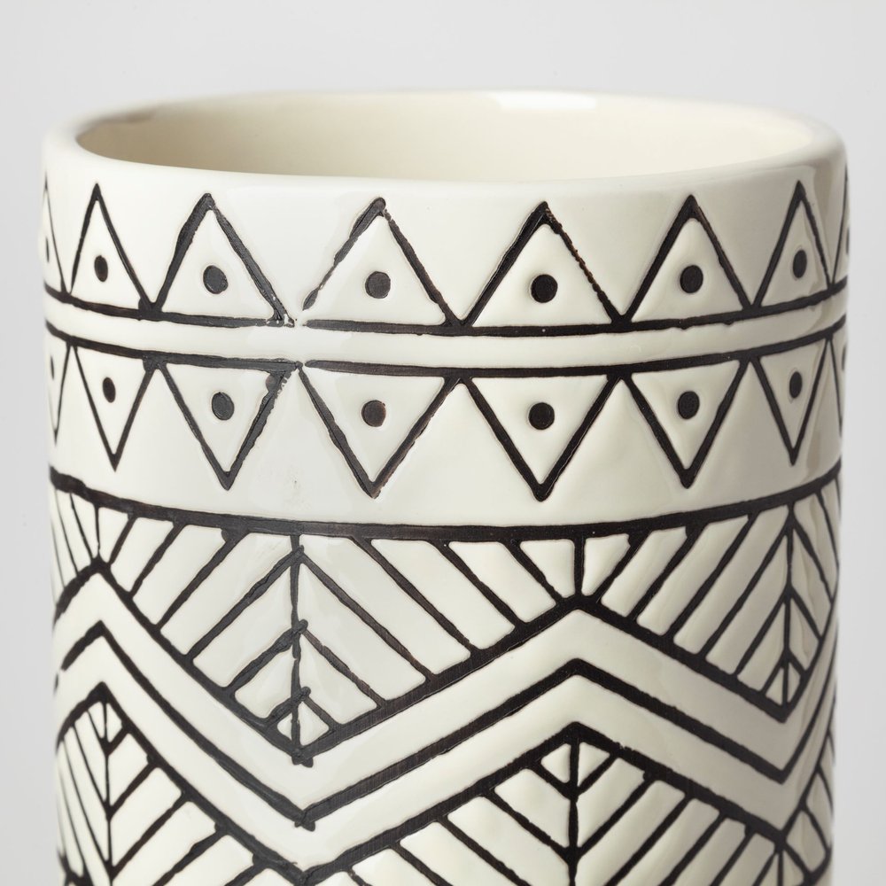 17" Cream and Charcoal Geometric Cylinder Ceramic Vase HomeRoots