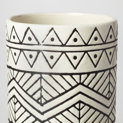 17" Cream and Charcoal Geometric Cylinder Ceramic Vase HomeRoots
