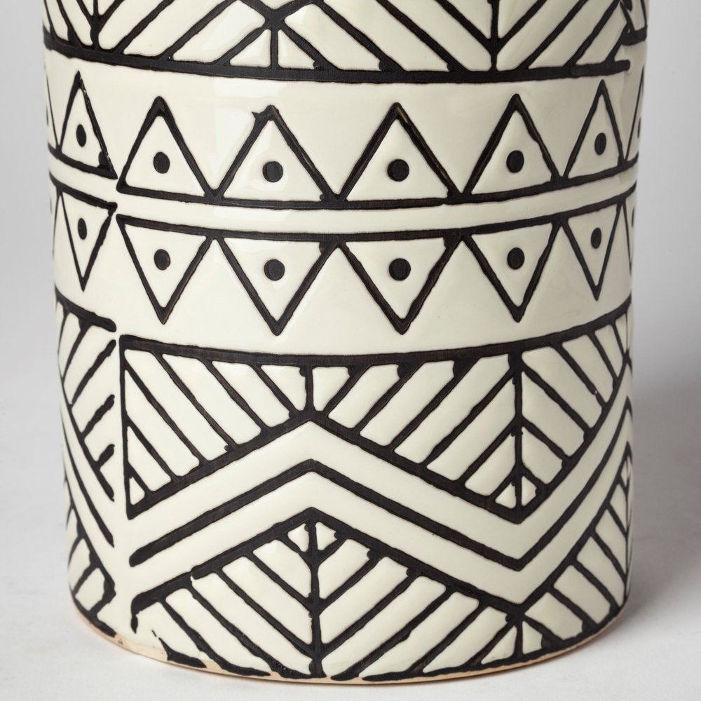 17" Cream and Charcoal Geometric Cylinder Ceramic Vase — view 3