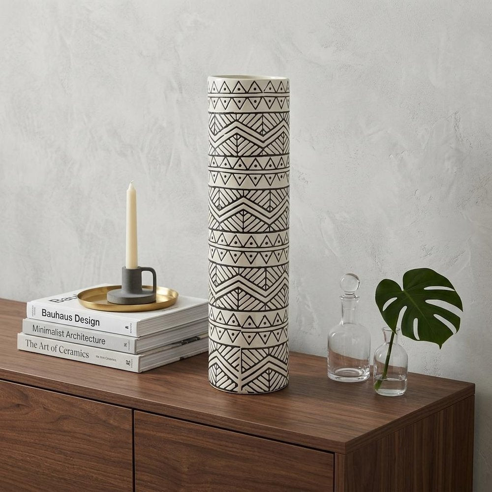 17" Cream and Charcoal Geometric Cylinder Ceramic Vase HomeRoots