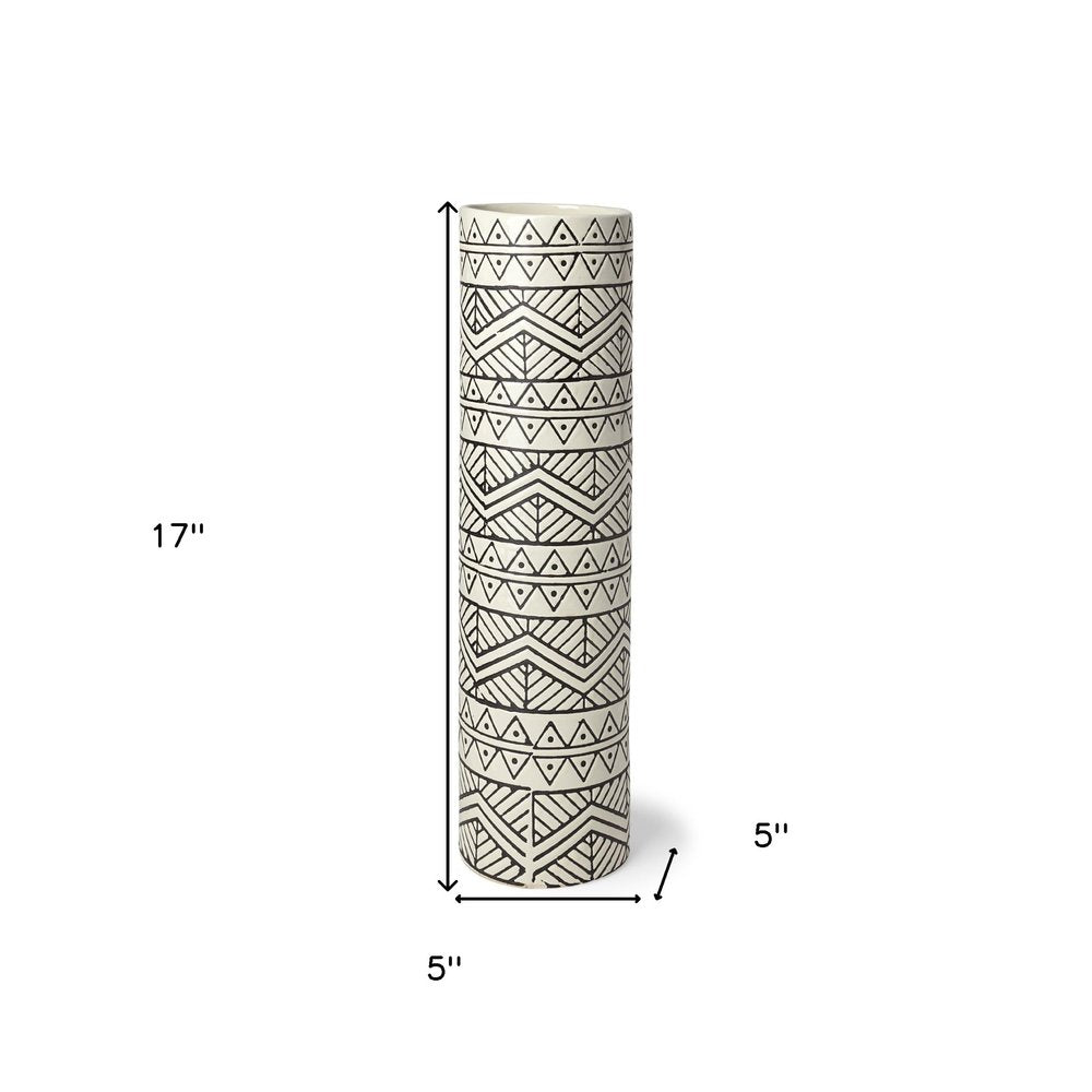 17" Cream and Charcoal Geometric Cylinder Ceramic Vase HomeRoots