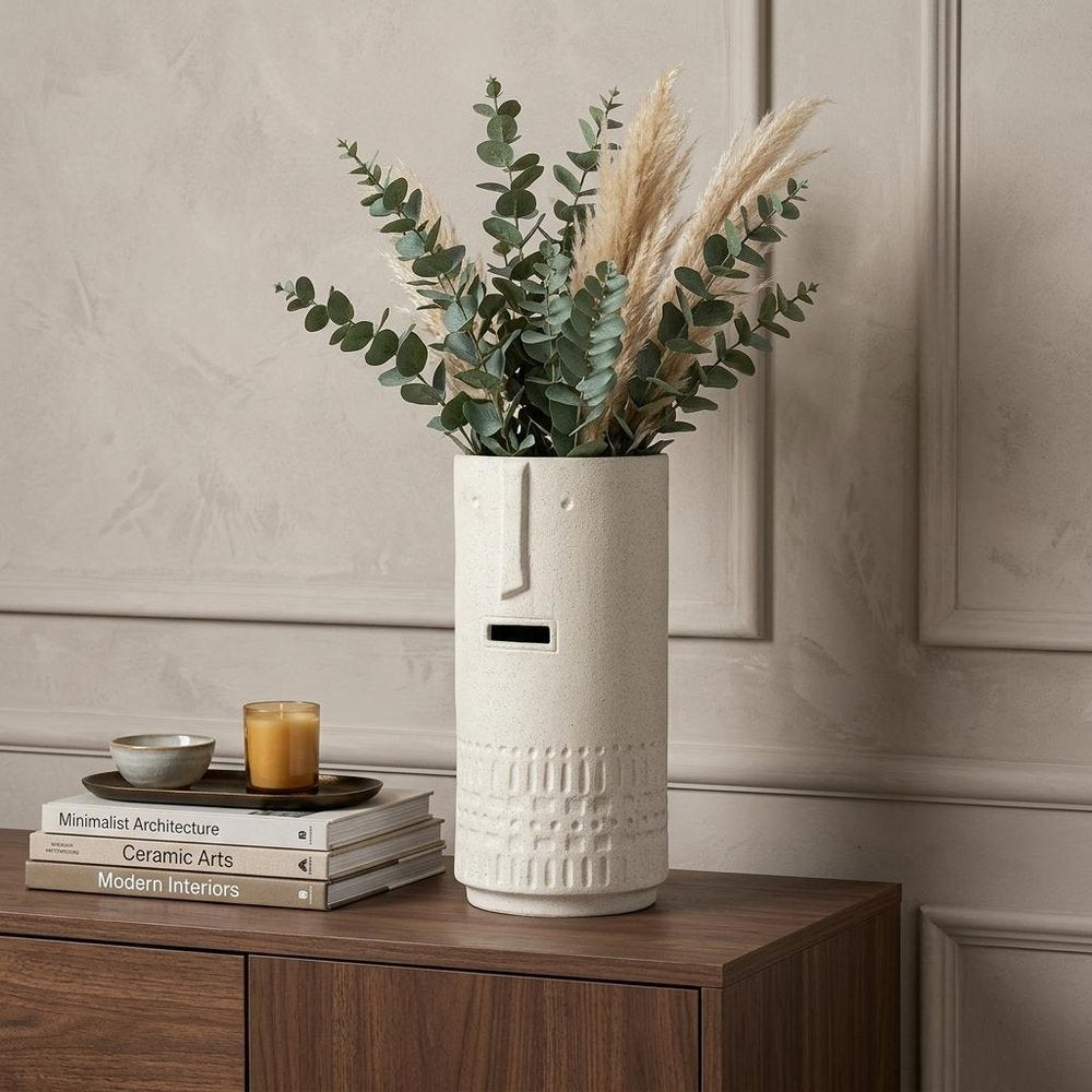 14" White Abstract Cylinder Ceramic Table Vase HomeRoots