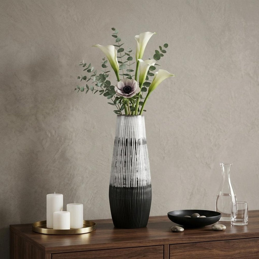 19" Black Gray And White Abstract Cylinder Ceramic Table Vase — view 7
