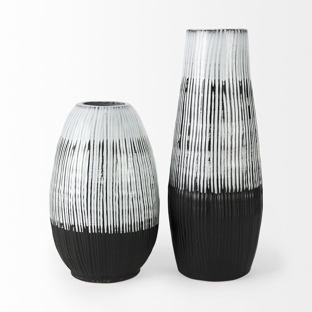 13" Black Gray And White Abstract Cylinder Ceramic Table Vase — view 2
