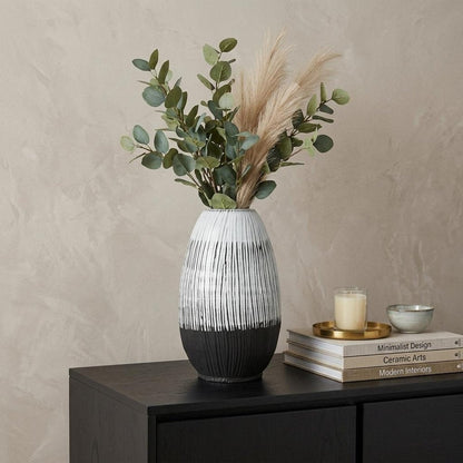 13" Black Gray And White Abstract Cylinder Ceramic Table Vase HomeRoots
