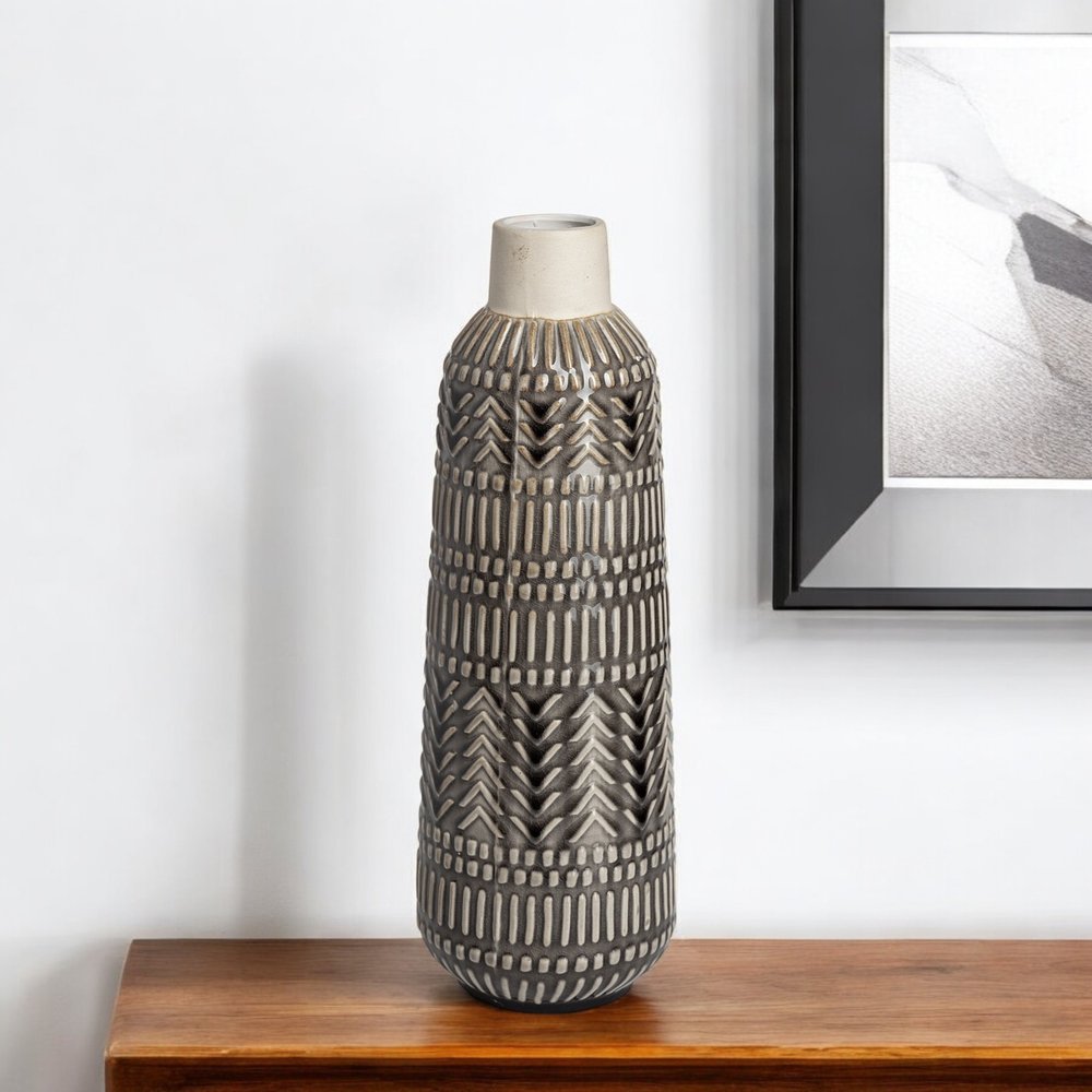 14" Gray Abstract Cylinder Ceramic Table Vase HomeRoots