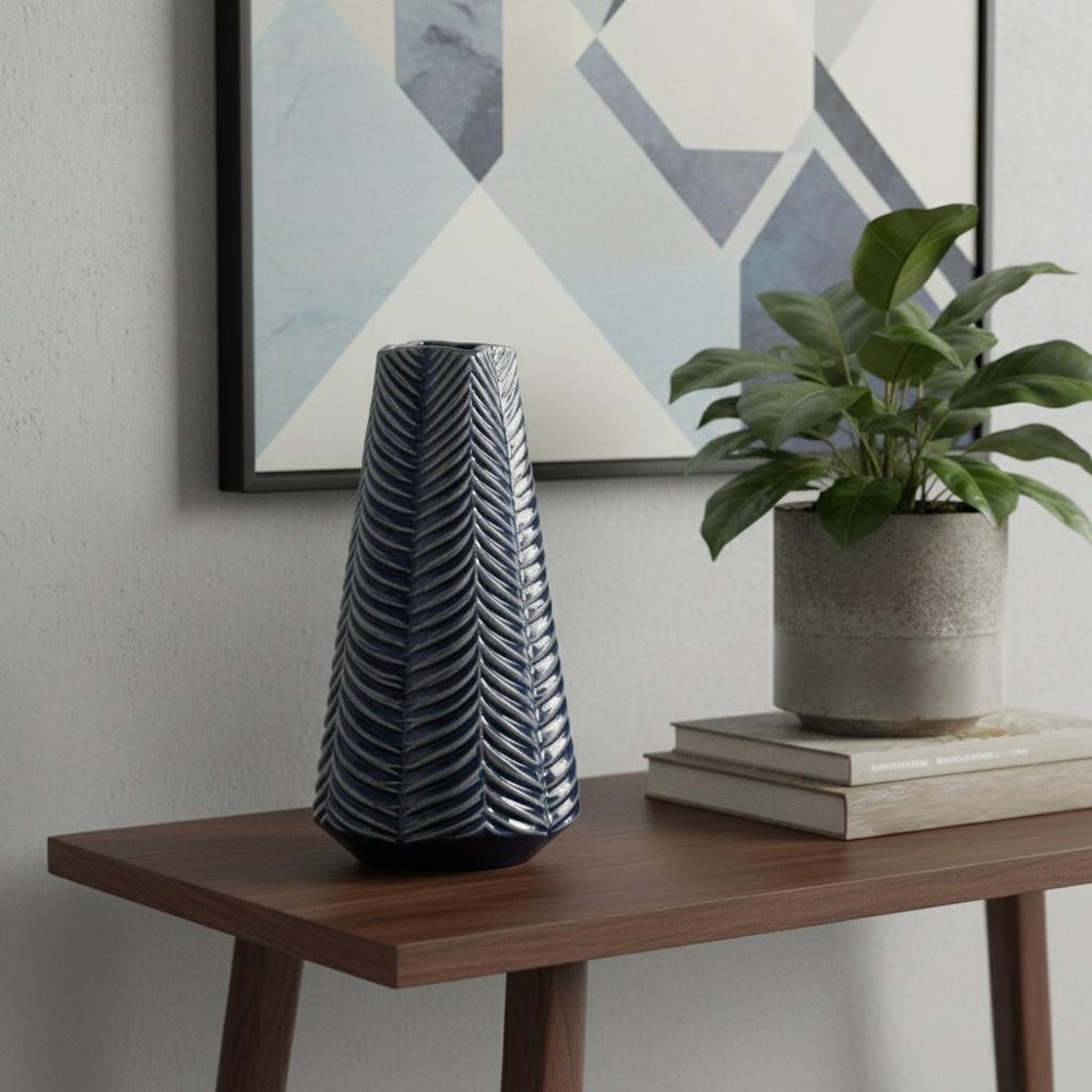 10" Navy Blue Abstract Ceramic Cylinder Table Vase HomeRoots
