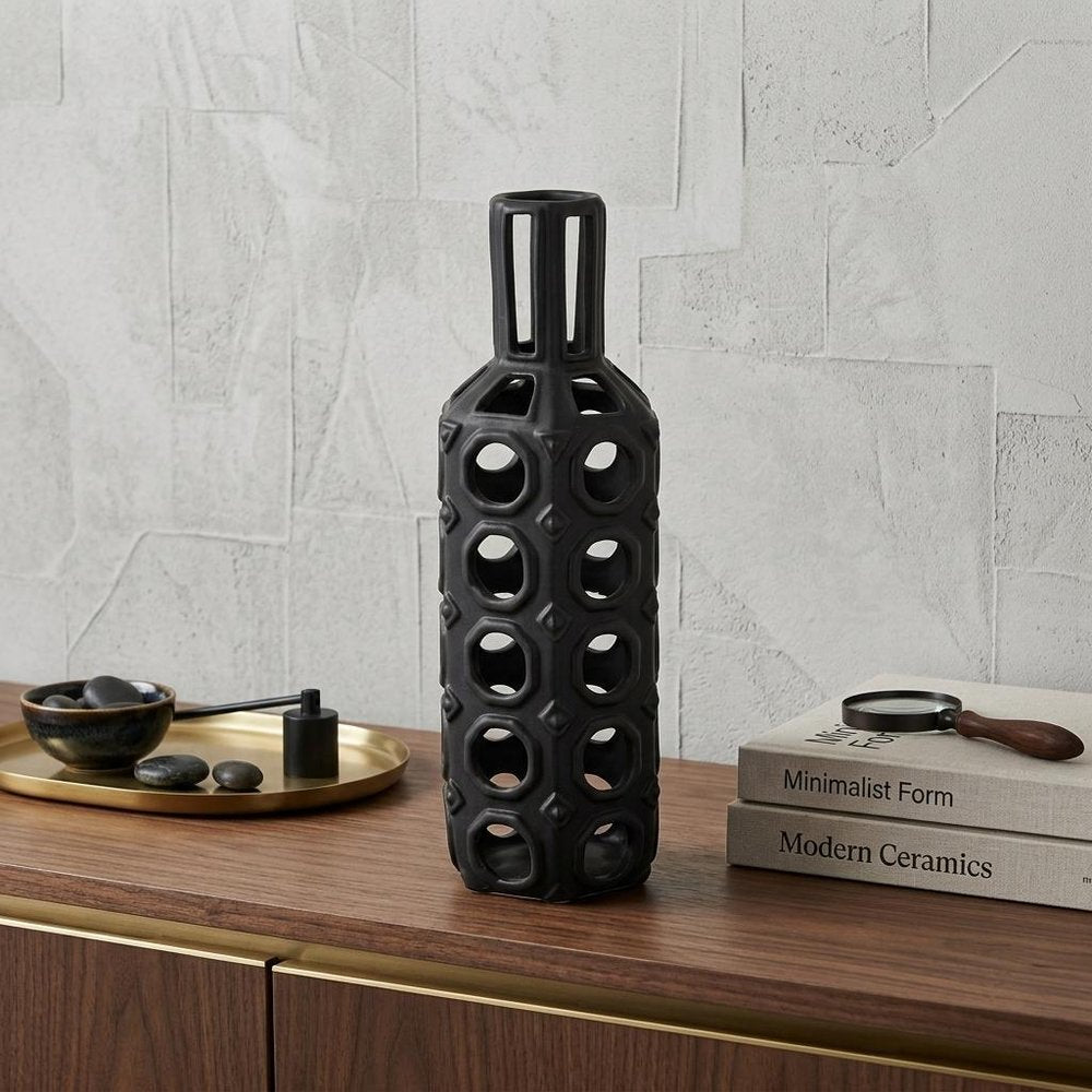 12" Black Ceramic Pierced Geometric Cylinder Table Vase HomeRoots