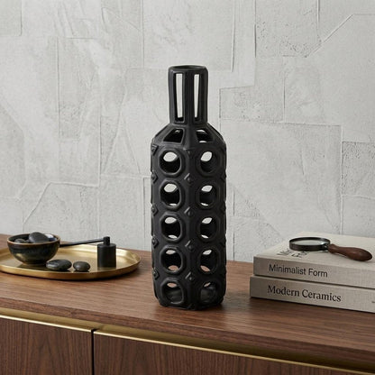 12" Black Ceramic Pierced Geometric Cylinder Table Vase HomeRoots