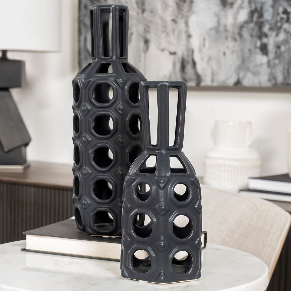 12" Black Ceramic Pierced Geometric Cylinder Table Vase HomeRoots