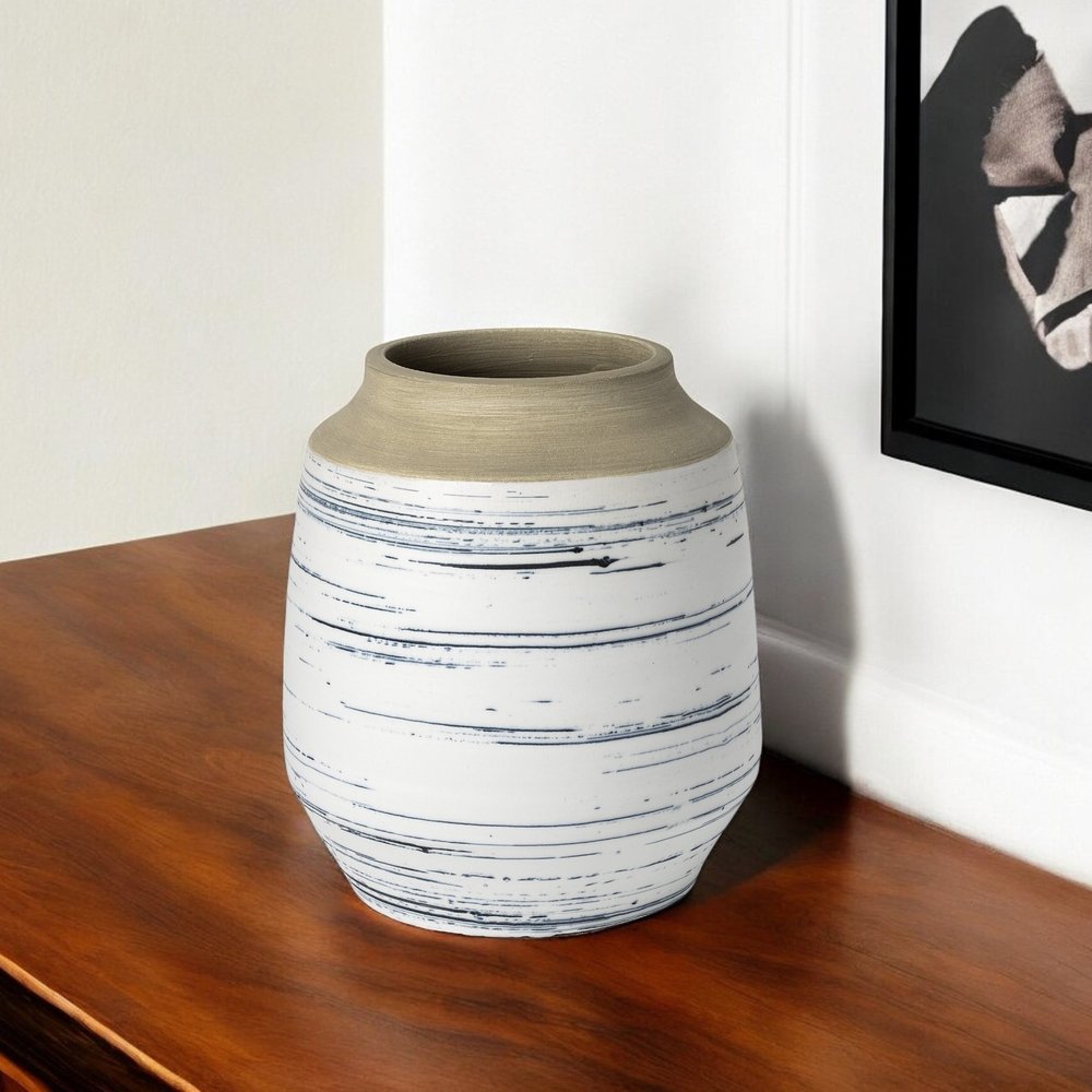 10" Blue Sand And White Abstract Cylinder Ceramic Table Vase HomeRoots
