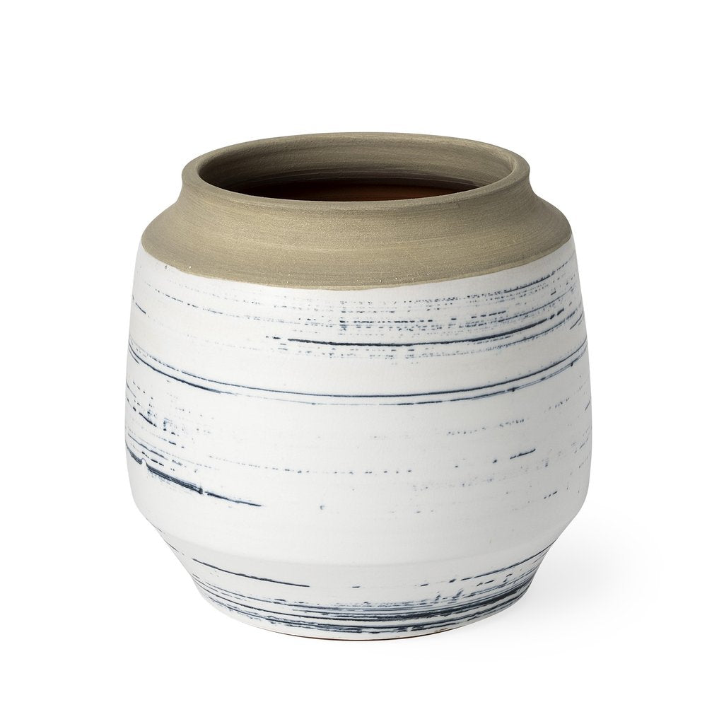 9" White Blue and Sand Abstract Cylinder Ceramic Table Vase HomeRoots