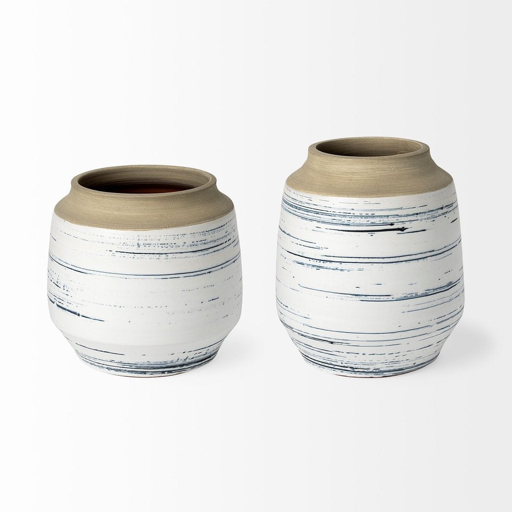 9" White Blue and Sand Abstract Cylinder Ceramic Table Vase HomeRoots