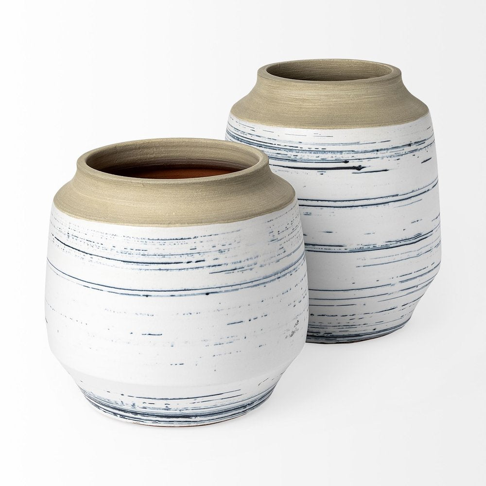9" White Blue and Sand Abstract Cylinder Ceramic Table Vase HomeRoots