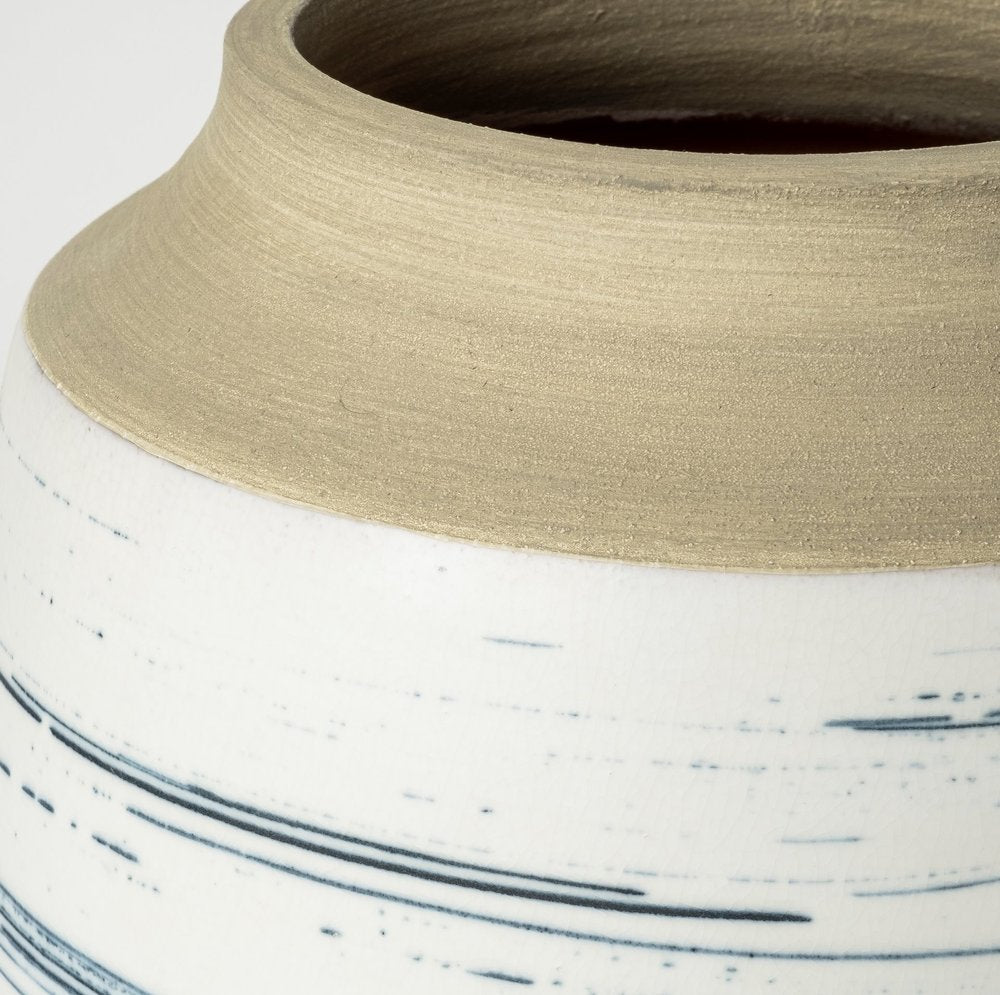 9" White Blue and Sand Abstract Cylinder Ceramic Table Vase HomeRoots