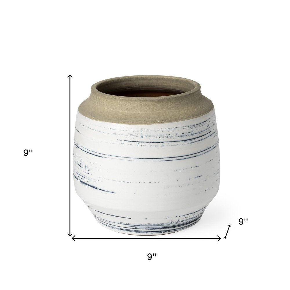 9" White Blue and Sand Abstract Cylinder Ceramic Table Vase HomeRoots