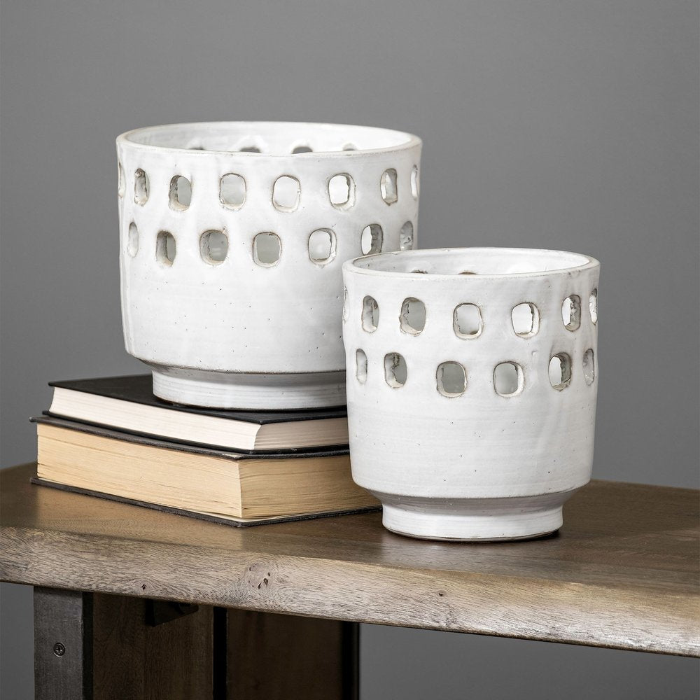 Set of Two White Abstract Cylinder Ceramic Table Vase HomeRoots